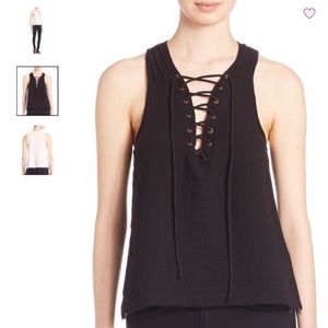 Roi blouse lace up V neck, cotton, fray hem,